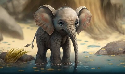  a baby elephant standing in a body of water next to rocks.  generative ai