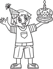Birthday Boy Holding a Cake Isolated Coloring Page