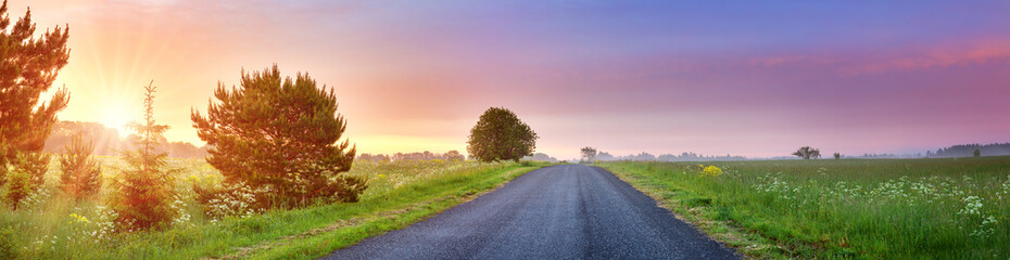 Fototapeta na wymiar Asphalt road with dramatic sunset in countryside in summertime.