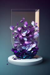 purple petals and a waterfall of glass background for cosmetic products, mock up pedestal. AI generation.