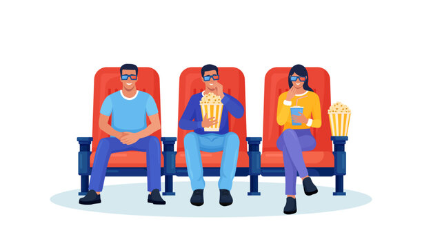 Happy friends sitting and watching 3d movie or motion picture in cinema. Red comfortable armchairs for watching film. Popcorn and soda drinks. Auditorium and seats in movies theater