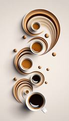 top view Abstract cups full of expresso coffe, in a white background, generative ai