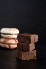 Macro Image of Chocolate Fudge Brownies and Macarons