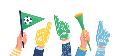 Set of colorful foam hand, flags, trumpet. Cheering Sports Fans. Fan foam fingers for show support for a team on championship game. Encouragement symbol. Number one and best