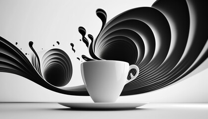 Abstract cup full of expresso coffee with smoke, black and white, in a white background, generative ai - obrazy, fototapety, plakaty