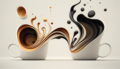 Abstract cups full of expresso coffe with smoke, in a white background, generative ai