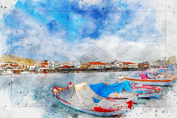 Fototapeta na wymiar Turkey - Izmir - 25 January 2023 Photos from Old Foça. Watercolor artistic work.