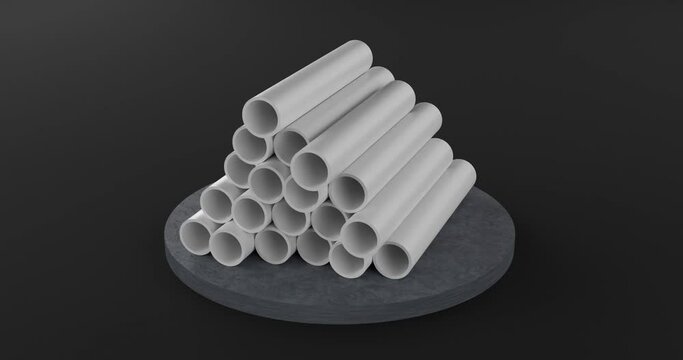 Plastic or polypropylene or polyethylene pipes on a rotating podium on a black background, stack of round white profiles, technological industrial background, looped video, 3D rendering