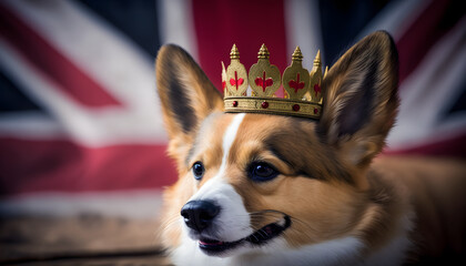 Corgi dog wearing crown on Union Jack background created with generative AI technology