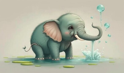  a baby elephant standing in a puddle of water with bubbles coming out of its trunk.  generative ai