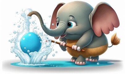  a cartoon elephant playing with a ball and a stick in the water.  generative ai