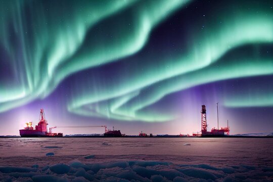 Arctic Offshore petroleum platform oil rig and gas at cold frozen sea water, Northern Lights aurora. Generation AI. Generative AI