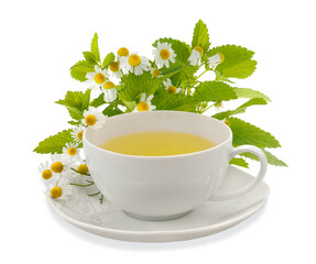 Chamomile cup with flowers and lemon balm