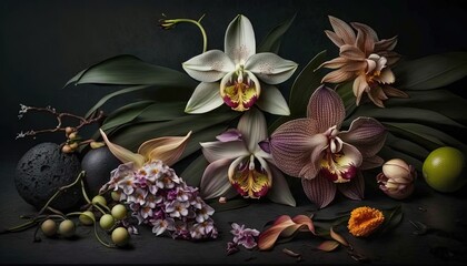 Obraz na płótnie Canvas a still life of flowers and fruit on a black background. generative ai