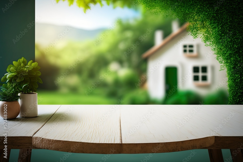 Poster an empty wooden table in front of a morning abstract green background consisting of a garden and a h