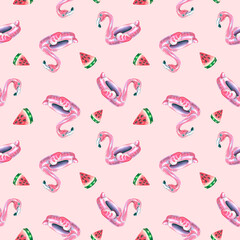 Inflatable pink flamingo with watermelon slices on a pink background. Watercolor illustration. Seamless pattern from the BEACH BAR collection. For fabrics, textiles, wallpaper, packaging, paper.