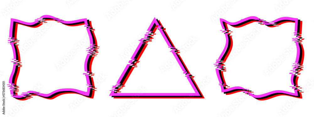 Poster set of glitch triangles and squares icons or frames. geometric neon shapes with distorted effect. mo