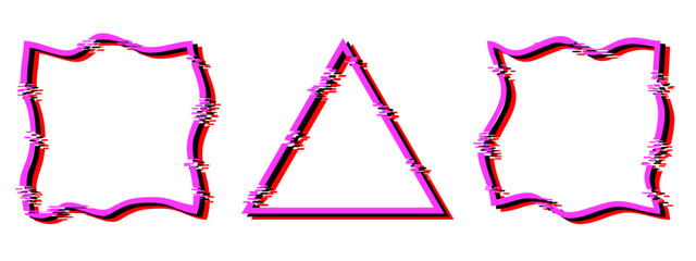 Set of glitch triangles and squares icons or frames. Geometric neon shapes with distorted effect. Modern design illusion. Vector illustration.