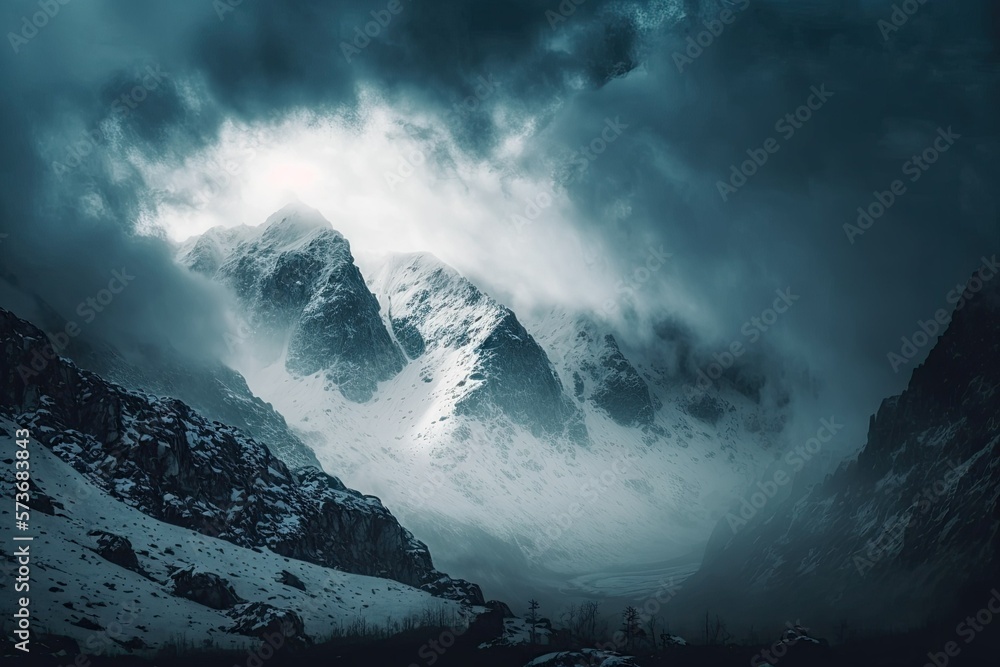 Poster high snow mountains shrouded in fog and rain create a foreboding landscape. dramatic overcast and he