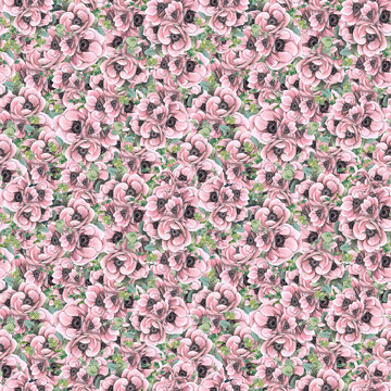 Pink anemones with eucalyptus twigs. Watercolor illustration in sketch style with graphic elements. Seamless pattern from a large set of PARIS. For fabric, textiles, wallpaper, packaging paper, prints