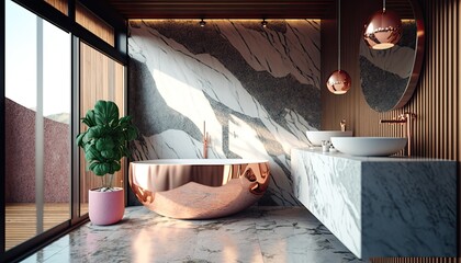 Modern interior, bathroom with bath, wooden wall, marble rose gold