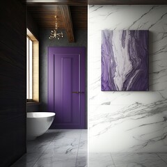 Modern interior, bathroom with bath, wooden wall, marble