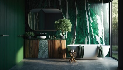 Modern interior, bathroom with bath, wooden wall, marble emerald