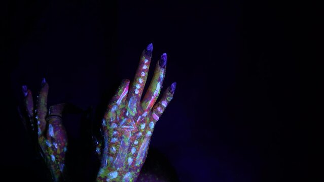 Modern psychedelic creative element with human palm for posters, banners, wallpapers. Two hands in pop art collage style in neon bold colors. Copy space for text. Magazine style. Zin culture.