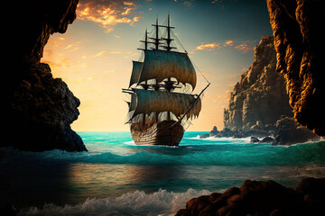 Pirate ship sailing in ocean near an island coast created with Generative AI technology. - obrazy, fototapety, plakaty