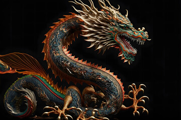 Fototapeta na wymiar Chinese dragon on black background created with generative AI technology