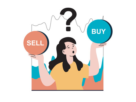 Stock trading concept with character situation. Woman analyzes market data and trends, chooses to buy or sell stocks, makes decision. Vector illustration with people scene in flat design for web