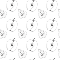 Graphic drawing of apple flowers. Seamless pattern for fabric and scrap paper
