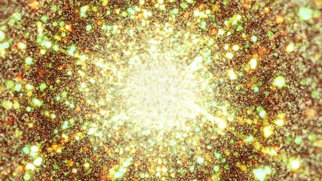 Journey through glowing galaxy. Light tube fly.