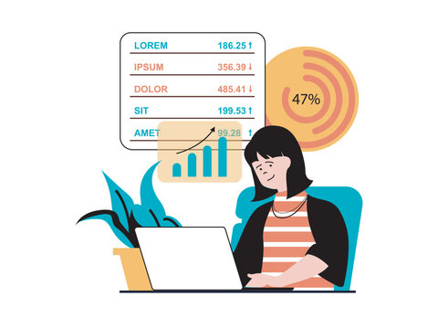 Stock trading concept with character situation. Woman earning money, analyzes data and has successful financial strategy on exchange. Vector illustration with people scene in flat design for web