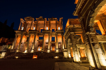 Night view of Ephesus Celsus Library, Turkey