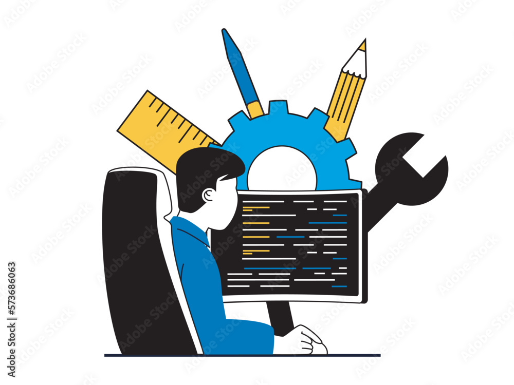 Fototapete Web development concept with character situation. Man working with programming code at computer, testing and settings, creates sites. Vector illustration with people scene in flat design for web