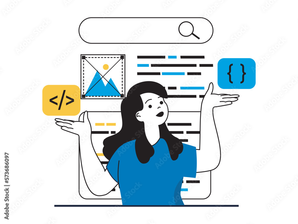 Poster web development concept with character situation. woman working with code, creates sites template, t