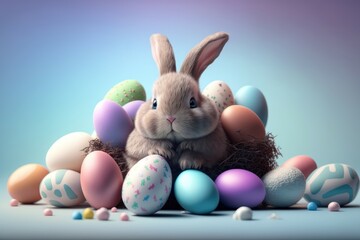 Fototapeta na wymiar Happy Bunny with many Easter eggs on grass. Festive background for decorative design.