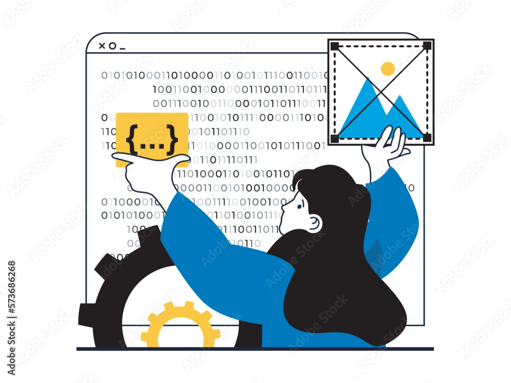 Poster web development concept with character situation. woman developer coding and creates layout, builds 