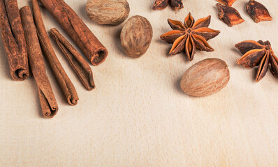 Background with cinnamon sticks and star anise and nutmeg.