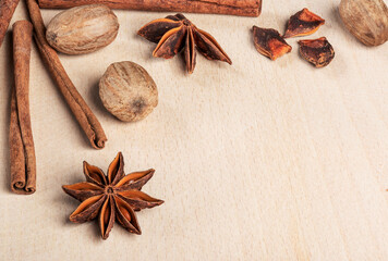 Background with cinnamon sticks and star anise and nutmeg.