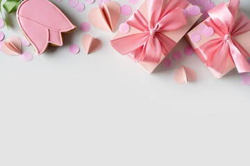 Biscuit dessert flowers with confetti on grey background