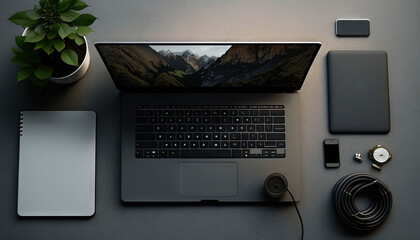 Fototapeta na wymiar a laptop computer sitting on top of a desk next to a plant. generative ai