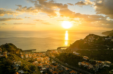 Landscape with Ribeira Brava town at sunset, Madeira island, Portugal