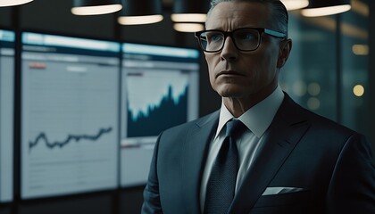 A middle-aged businessman analyzing data and charts with a confident expression, Generative AI