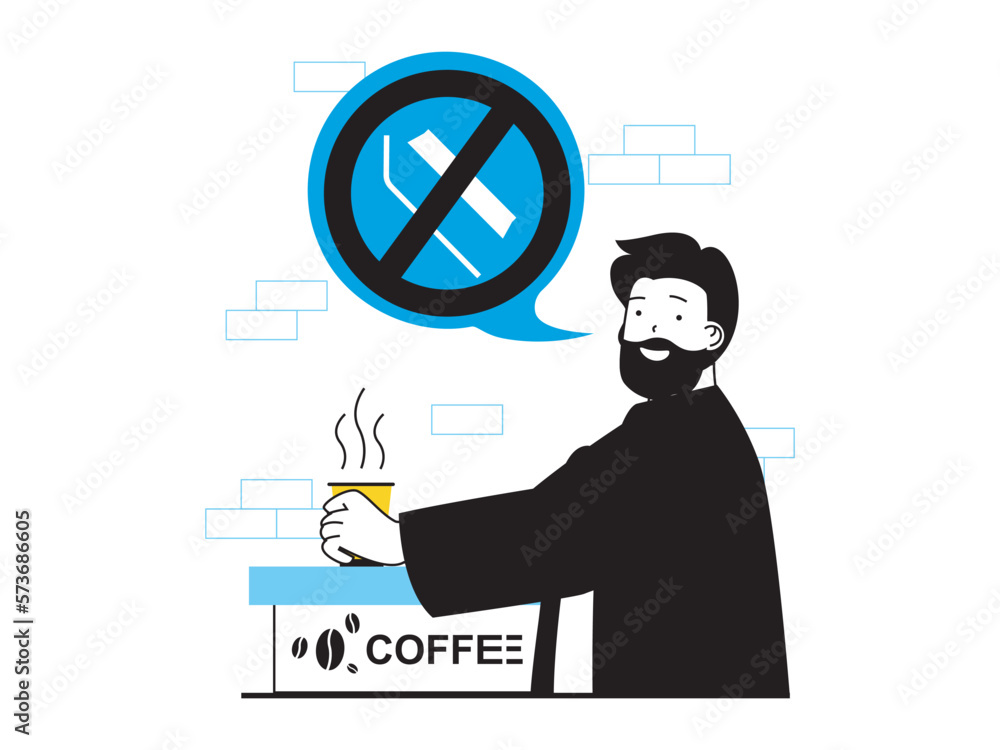 Poster zero waste concept with character situation. man drinks coffee from paper cup and refuses plastic st
