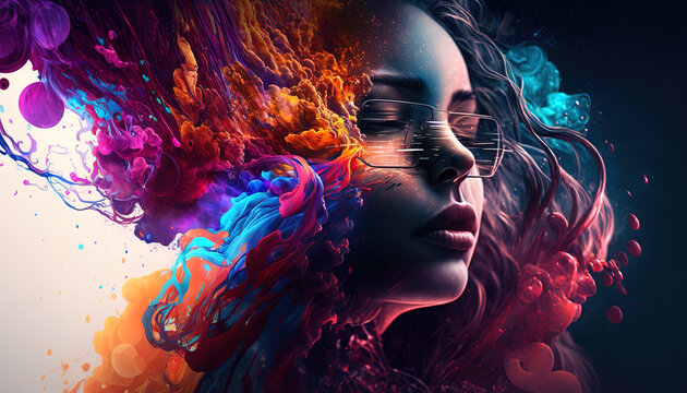 Woman with glasses and ethereal coloured energy entering or exiting her mind. Generative AI, this image is not based on any original image, character or person.