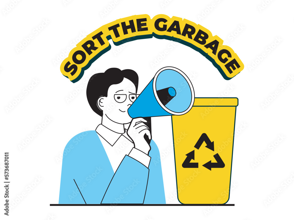 Leinwandbilder Zero waste concept with character situation. Activist with megaphone calls for sorting garbage, separating and sending it for recycling. Vector illustration with people scene in flat design for web