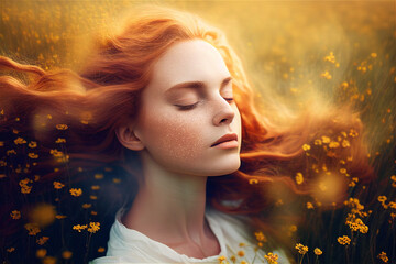 Young white woman ginger hair enjoying spring with flowers in the wind, illustration, generative AI