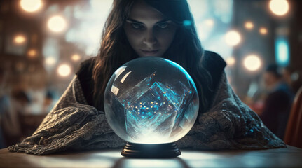 portrait of a woman fortune teller with magic ball. generative AI